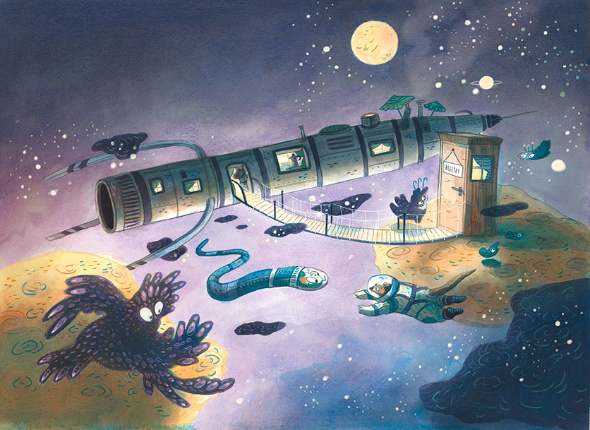 Illustration mit einem Raumschiff, Astronaut und Aliens im Weltall