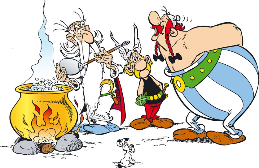 Asterix und Obelix am Zaubertrankkessel mit Miraculix