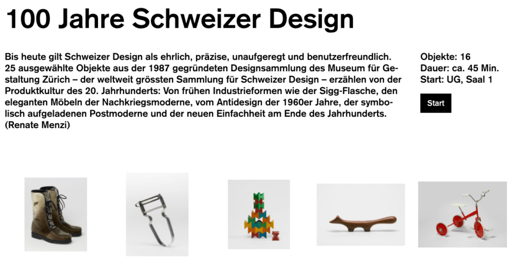Bildschirmansicht der «100 Jahre Schweizer Design»-Tour-Startseite.