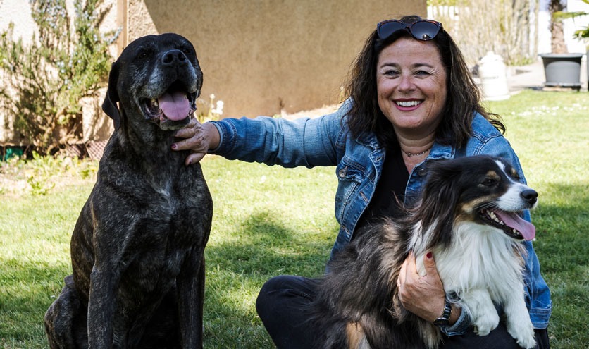 Hundehalterin Jeanette Burn mit Labrador-Mischling Mexx und Australian Shepherd Yuma.