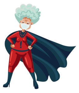 Illustration einer Senior-Superwoman mit Hygiene-Maske