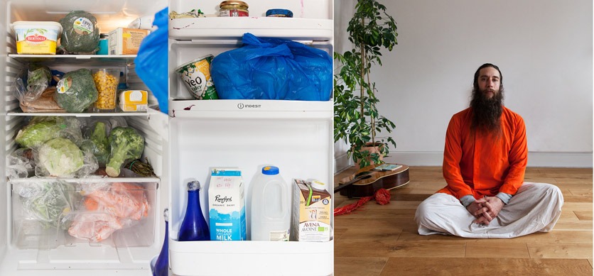 Fotografie «Show me your fridge» von Junker. Offener Kühlschrank und Portrait seines Besitzers. 