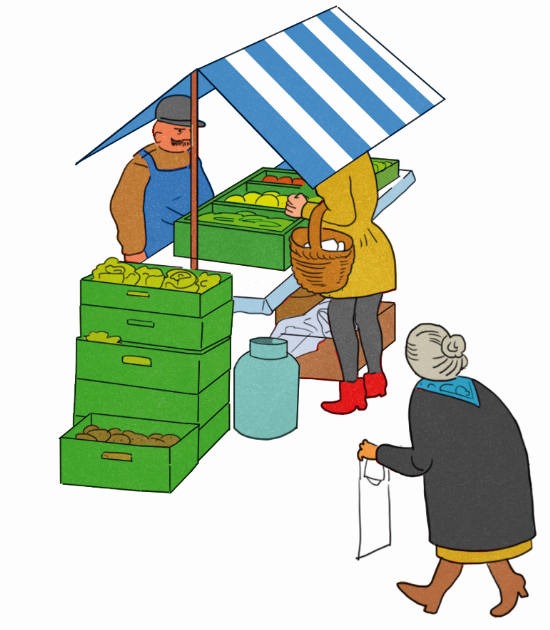 Illustration: ein Markstand mit Gemüse. Eine ältere Frau läuft darauf zu. Zeitlupe.