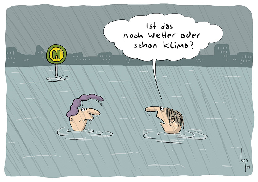 Cartoon von Mario Lars: Man sieht eine Bushaltestelle unter Wasser. Es regnet. Aus dem Wasser schauen ein Frauenkopf und ein Männerkopf heraus. Er fragt sie: Ist das noch Wetter oder schon Klima?
