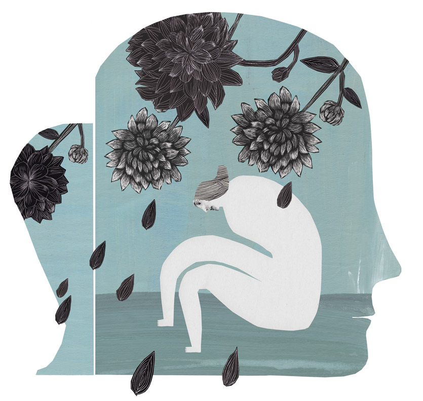 Illustration zum Thema Angststörung: eine Frauenfigur krümmt sich einem Kopf zusammen, umgeben von schwarzen Blumen und schwarzen Tropfen, als Symbol für Drepression.