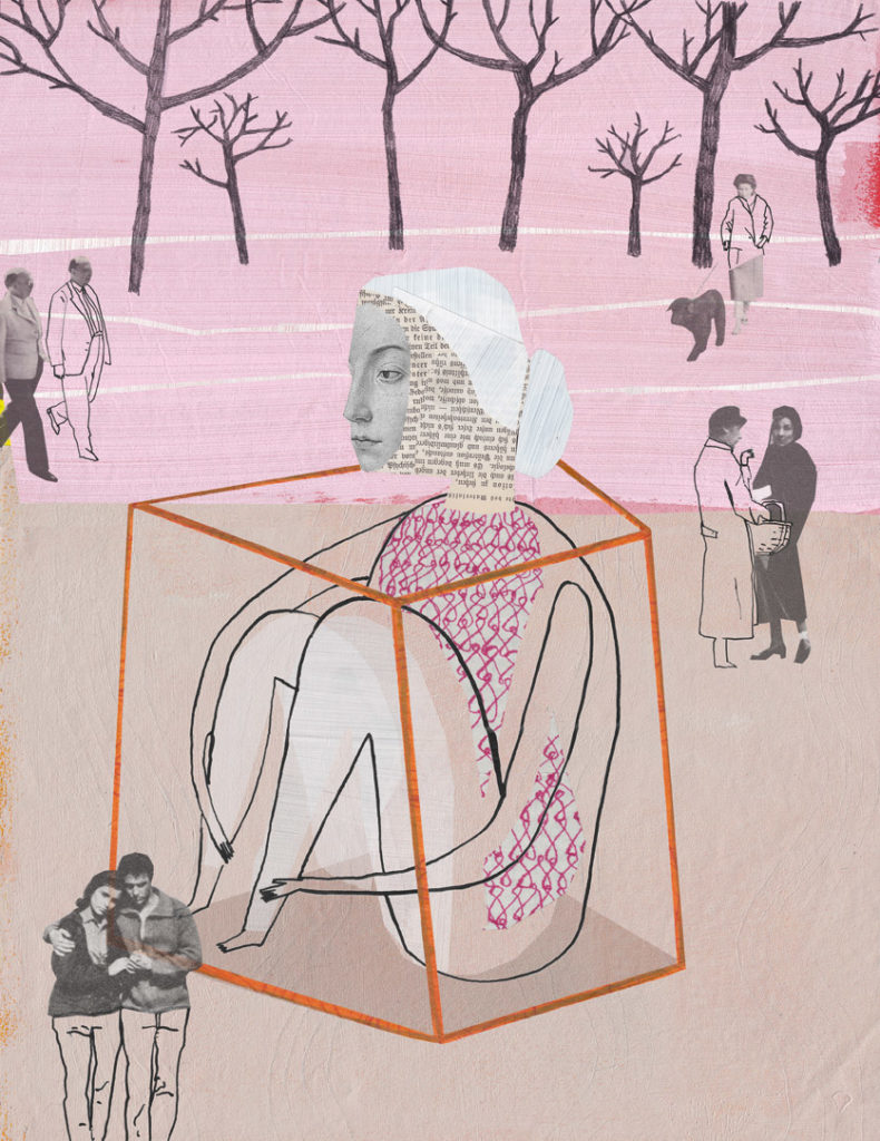 Illustration zum Thema Angststörung mit Scherenschnitt: Eine Frau mit abwesendem Blick sitzt eingepfercht in einem Kasten, um sie herum sind Spaziergänger zu sehen.