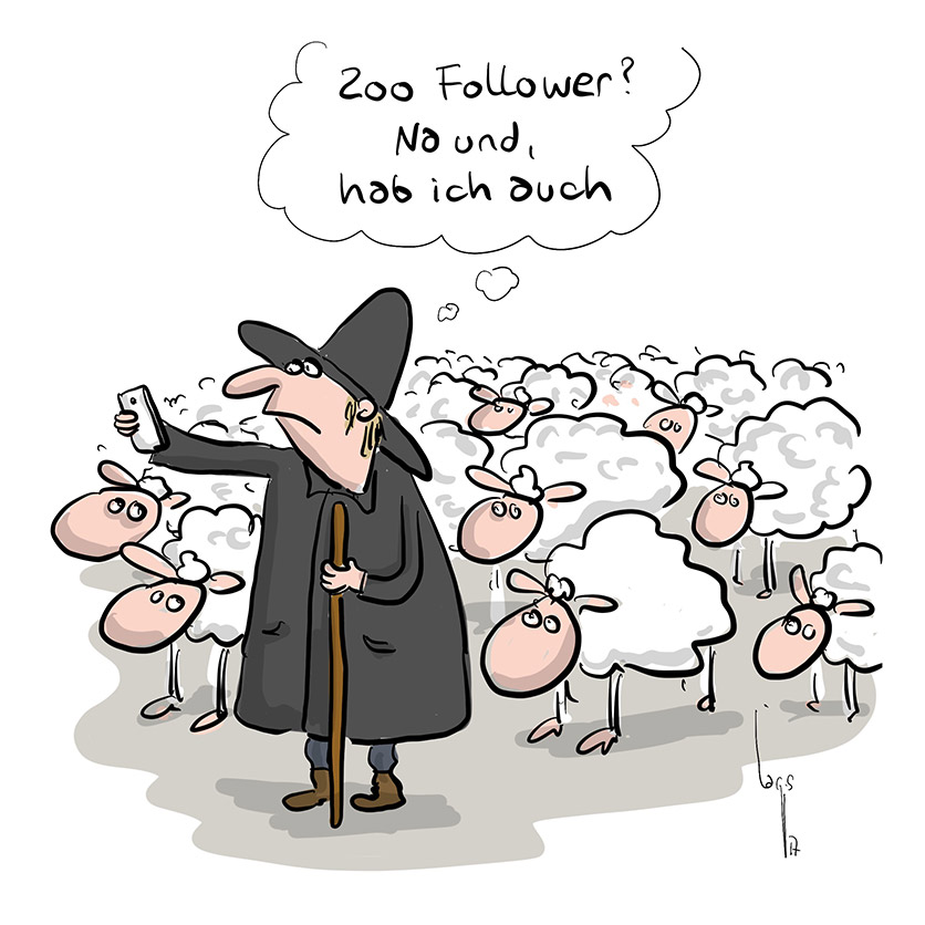 Cartoon von Mario Lars: Ein Hirte steht inmitten seiner Schafherde. Er schaut aufs Handy und denkt "200 Follower? Na und, hab ich auch". 