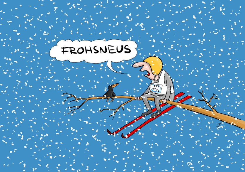 Cartoon von Mario Lars: Ein Ast im Schneestreiben, darauf sitzt eine Amsel und schaut keck zum Skispringer, der neben ihr auf dem Ast gelandet ist. Er sagt. "Frohsneus".