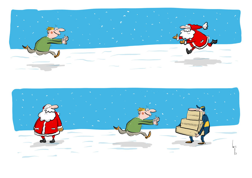Cartoon von Mario Lars: Im oberen Bildteil sieht man, wie ein junger Mann und der Weihnachtsmann sich freudig entgegenlaufen. In der unteren Bildhälfte rennt der Mann am Weihnachtsmann vorbei auf den Postboten zu, der mit einem Stapel Pakete mitten im Schnee steht.