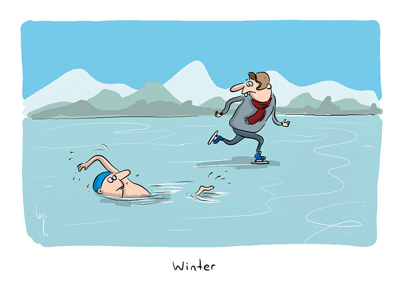 Cartoon von Mario Lars: Ein Schlittschuhläufer schaut sich auf einem See irritiert nach einem Schimmer um. 