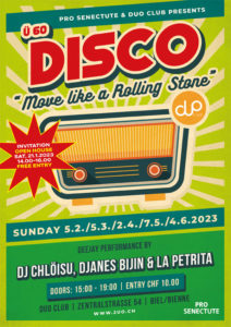 Knalliges, grünes Retro-Plakat zur Disco Ü60 in Biel mit altem Radio.
