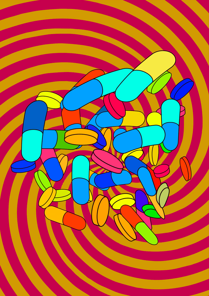Konzeptbild für psychedelische Drogen. Illustration mit bunten Tabletten und sich drehendem Hintergrund.