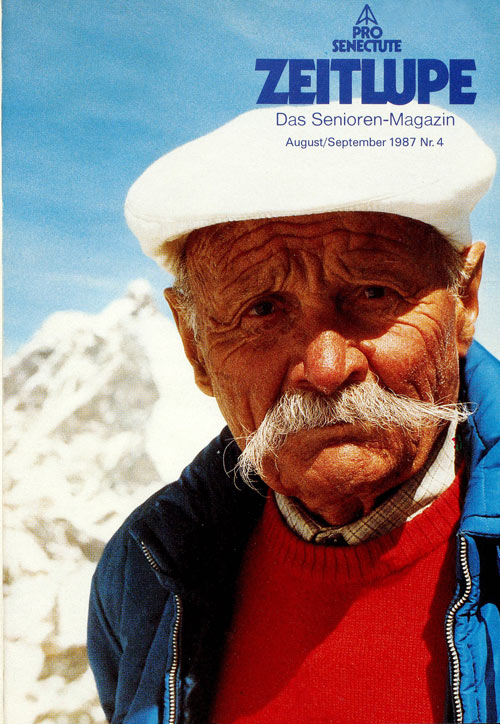 1987: Der 87-jährige Zermatter Bergführer Ulrich Inderbinen, der schon über 350 Mal auf dem Matterhorn war