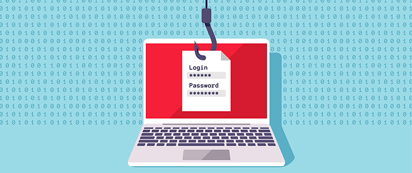 Illustration zum Thema Phishing: Ein Haken angelt Login und Passwort am Bildschirm eines Notebooks.