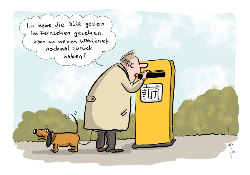 Cartoon von Mario Lars: Ein Mann mit Hund an der Leine steht am Briefkasten und ruft hinein: "Ich habe die alle gestern im Fernstehen gesehen, kann ich meinen Wahlbrief nochmals zurückhaben?"