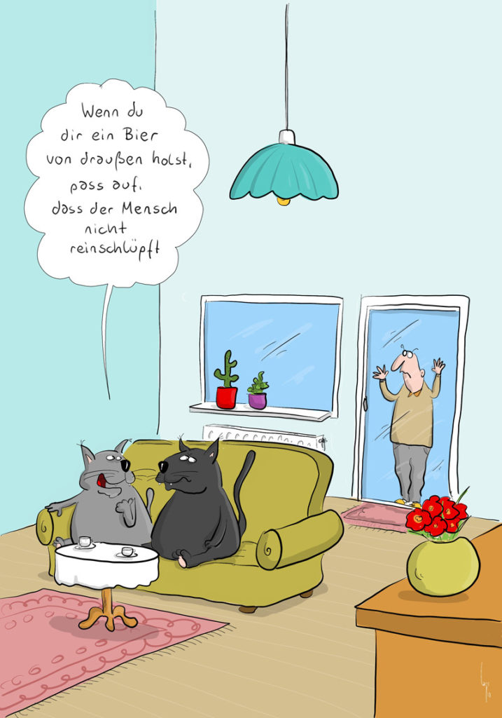 Cartoon von Mario Lars: zwei Katzen sitzen auf dem Sofa und schauen fern. Draussen vor der Balkontür steht ein 