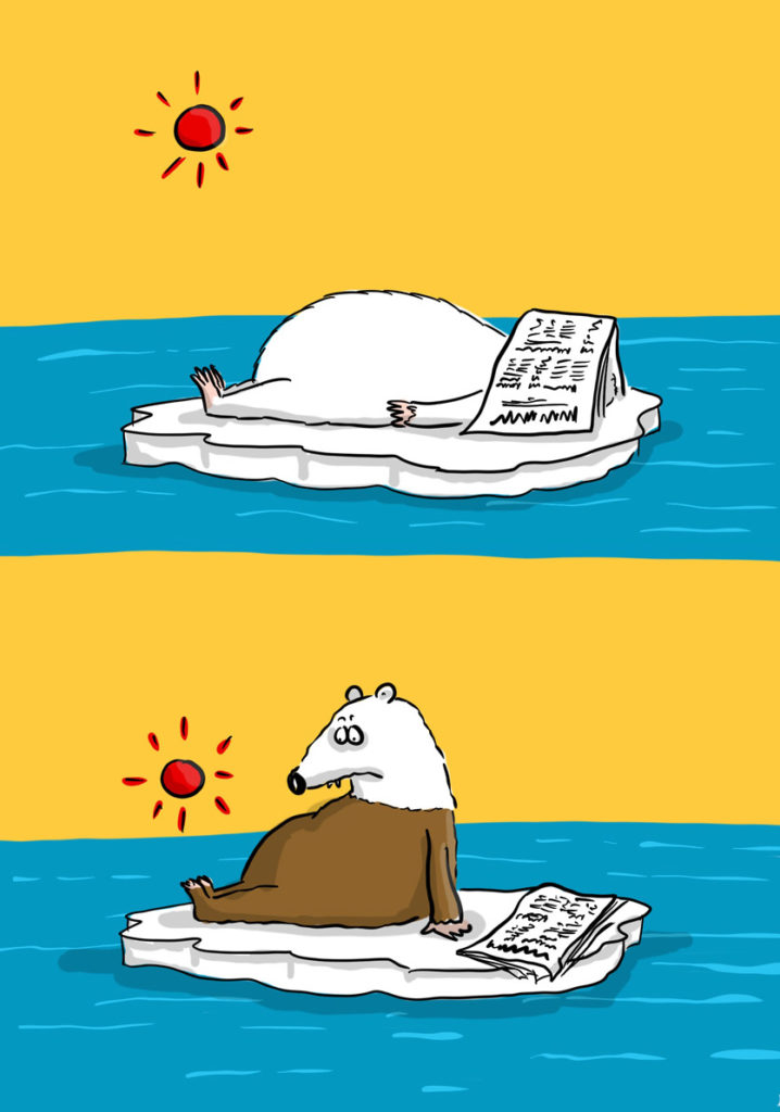 Cartoon von Mario Lars: ein Eisbär liegt auf einer Eisscholle, die Zeitung über dem Gesicht zum Schutz vor der Sonne. Als er aufwacht, ist die unsere Hälfte seines Körpers braun. 