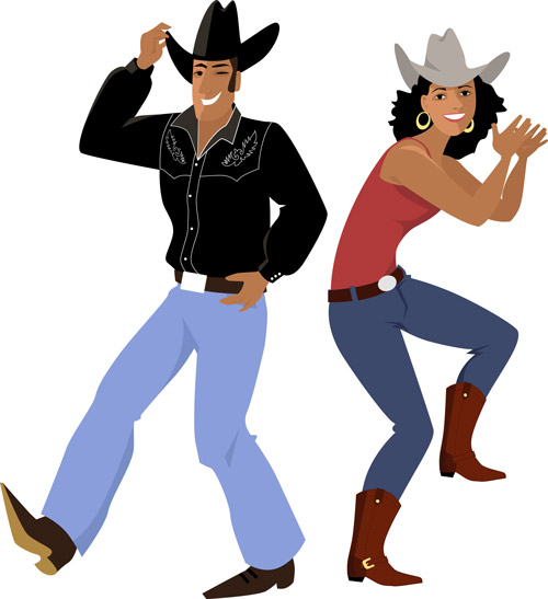 Illustration: Ein Paar mit Cowboystiefeln und Hüten tanzt Line dance