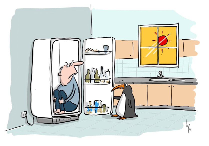 Cartoon von Mario Lars: Durchs Küchenfenster knallt die Sonne herein. Ein verdutzter Pinguin öffnet den Kühlschrank, der bereits mit dem Hausbesitzer besetzt ist. 
