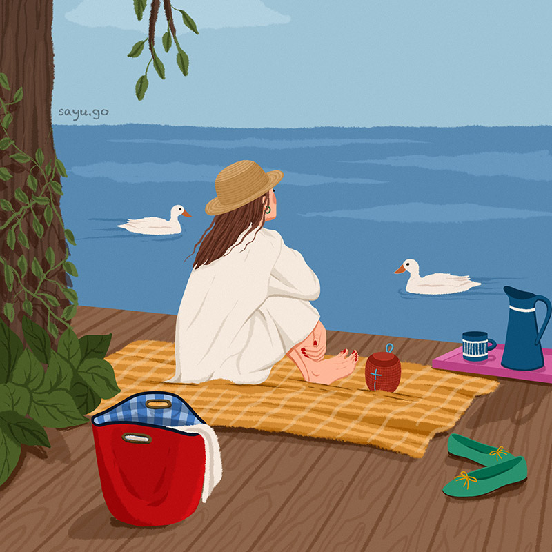 Illustration zum Thema: kleine Fluchten aus dem Alltag: eine Frau sitzt auf einer Picknickdecke und schaut den Enten auf dem See zu.