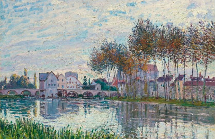 Gemälde von Alfred Sisley. "Moret au Coucher du Soleil, Octobre" 1888, zeigt eine Brücke am Loing.