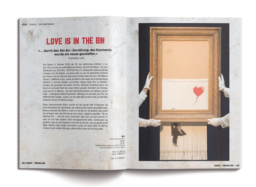 Buchseite aus Banksy "Provokation". Es ist zu sehen, wie das Bild des Mädchens mit Ballon geschreddert wird.