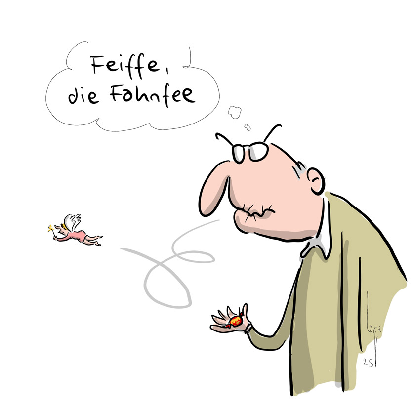 Cartoon von Mario Lars: Ein alter Mann steht da mit einem Bonbon in der Hand und schaut verdutzt einer kleinen Fee nach. "Feiffe, die Fahnfee"