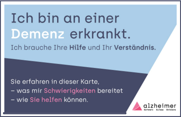 Karte mit Aufschrift "Ich bin an einer Demenz erkrankt"
