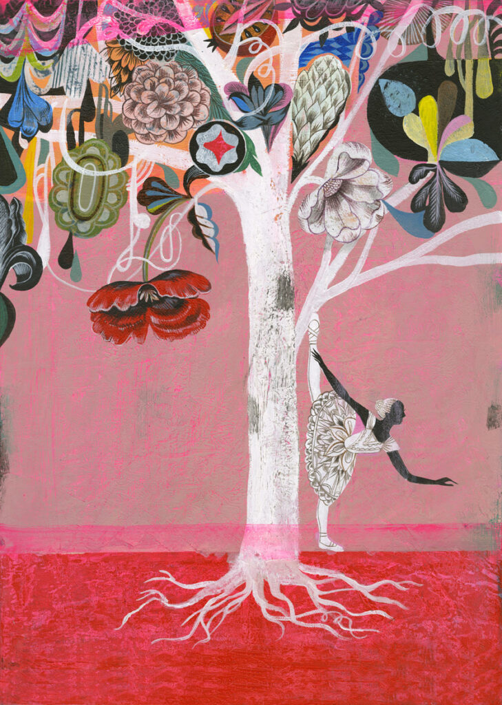 Illustration Trauerarbeit: Tanzende Frau am Baum