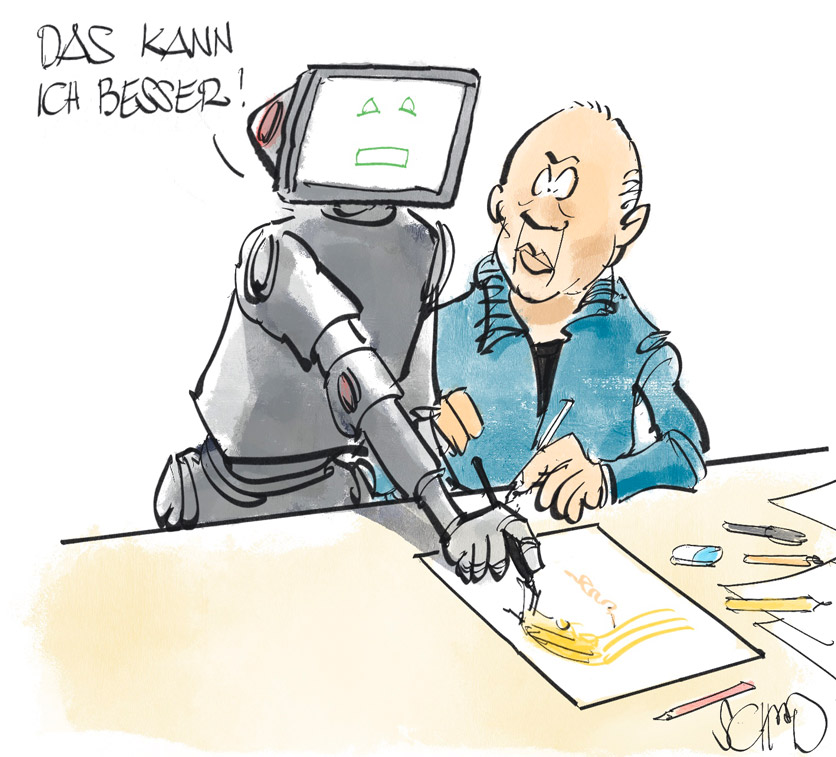Karikatur von Felix Schaad, die sich selbst zeigt sowie einen Roboter, der findet: Ich kann das besser.