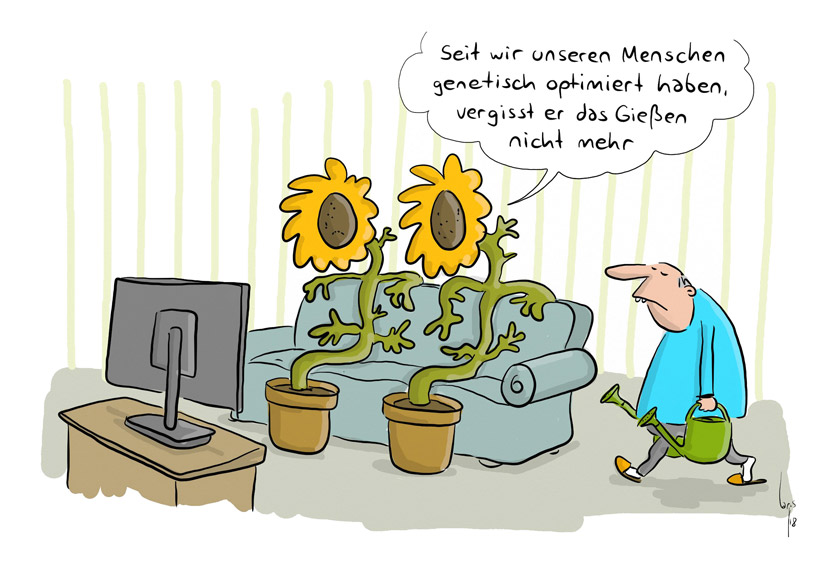 Cartoon von Mario Lars: Zwei Sonnenblumen sitzen auf dem Sofa und schauen Fernsehen. Ein Mann kommt mit Giesskanne dazu. Eine Blume sagt zur anderen: "Seit wir unseren Menschen genetisch optimiert haben, vergisst er das Giessen nicht mehr. "